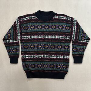 Vintage Donagain 80s 90s Mens Size Large Black Sweater Geometric Acrylic AOP